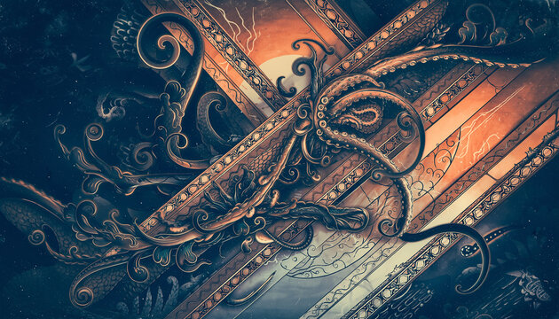 Concept of cosmic horror blending vintage art nouveau golden frames with dark surreal creeping tentacles against a deep starry space background creating a mysterious ornate aesthetic.