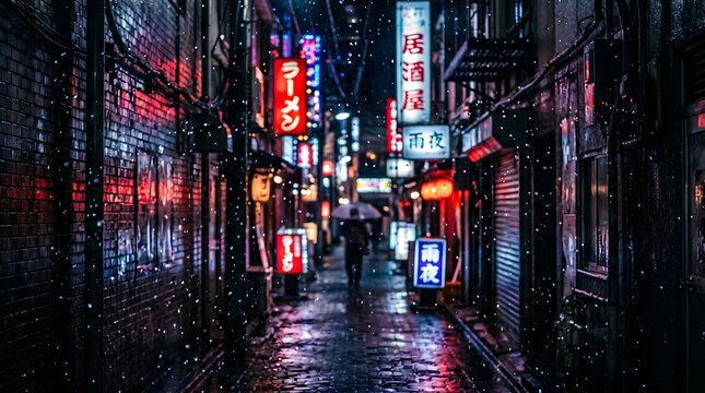 Cyberpunk Style Japanese Alleyway at Night with Glowing Neon Signs and Rain