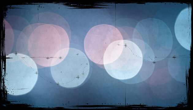 Moody vintage lighting featuring large pastel pink and blue optical bokeh circles, set against a dark textured background with distressed wet plate collodion styled borders for a nostalgic aesthetic.