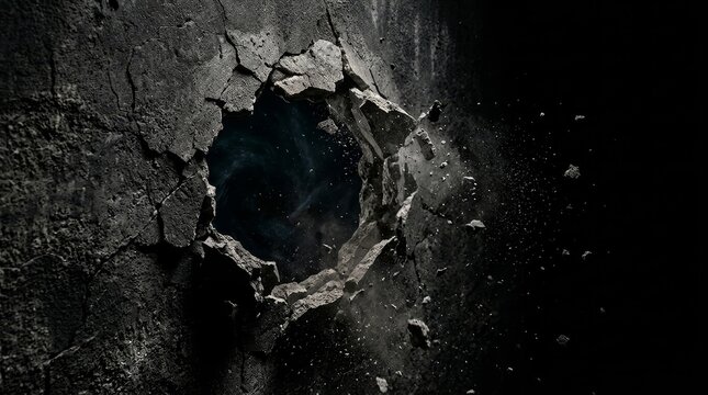 Jagged hole smashed through a dark painted wooden wall revealing a pitch-black background gap.