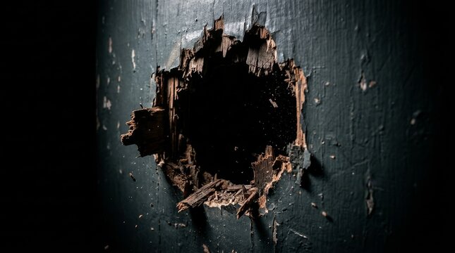 Jagged hole smashed through a dark painted wooden wall revealing a pitch-black background gap.