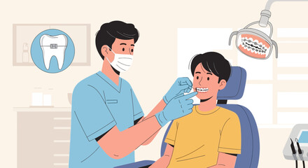 Fototapeta premium Dentist Adjusting Braces on Young Patient in Dental Clinic