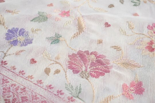 Beautiful traditional Jamdani fabric with colorful floral embroidery pattern, close up macro texture