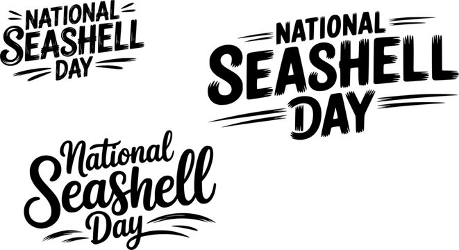 National Seashell Day hand-lettered typography set featuring bold and elegant script font variations, perfect for beach themes, coastal branding, summer greeting cards, and ocean-inspired social media