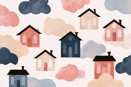 Whimsical pastel seamless pattern of houses and clouds illustration for kids background
