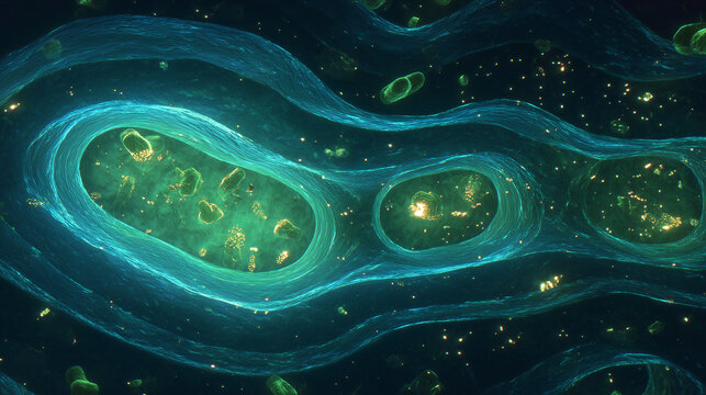 Microscopic dreamlike view inside a cell, with mitochondria as tiny glowing power plants recharging at night.