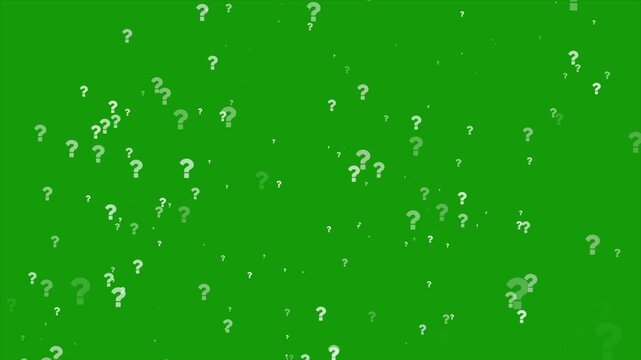 Question mark animation on green screen, floating question symbols, mystery quiz overlay, FAQ confusion icons, education thinking background, chroma key 