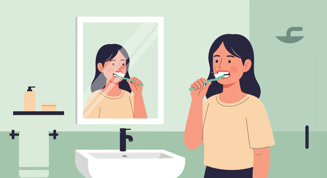 Girl brushing teeth in bathroom, hygiene, morning routine, flat design