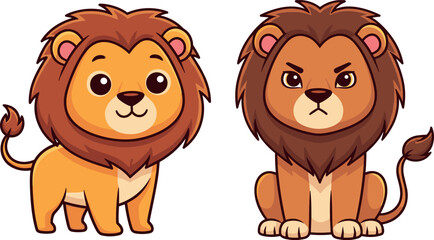 Fototapeta premium Cute and Angry Cartoon Lion Character Set Vector Illustration for Kids, Wildlife, Safari, and Animal Sticker Graphic Design Projects