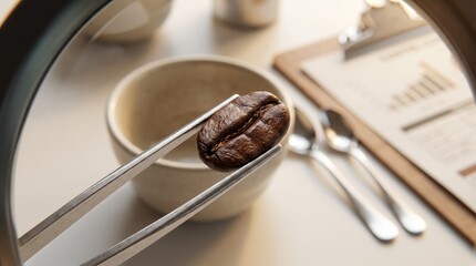 Fototapeta premium Delicate handling of a premium roasted coffee bean with fine tweezers, symbolizing meticulous quality control and expert evaluation for the perfect brew
