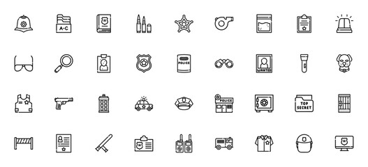 Police icon set. Law enforcement icon pack. Minimalist line icons. Includes symbols for police hat, badge, handcuffs, car, gun, shield, flashlight and more. © wang