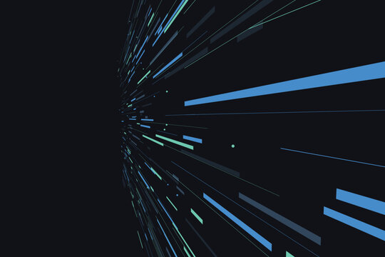 Abstract blue and teal streaks converging into deep space background