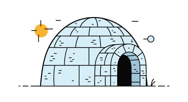 Illustration of a traditional snow igloo with a small entrance against a white background with a yellow sun, depicting arctic life and shelter.