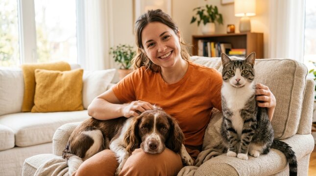 A happy woman sitting on a couch with her pet dog and cat