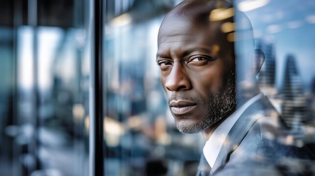 Businessman looking out of window during workday in corporate office setting in city at noon