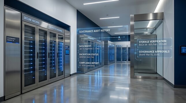A futuristic office interior showcases sleek metallic elevator doors and a glass-walled meeting room with digital displays on blue and white walls.