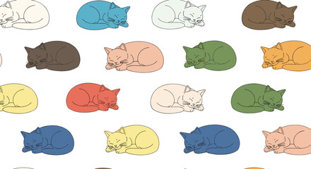 Fototapeta na wymiar Pattern of sleeping cats in various colors like blue, pink, and yellow, capturing the peaceful and domestic nature of feline pets for home decor.
