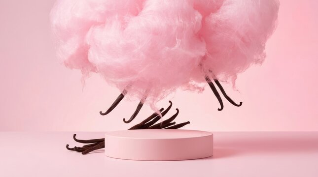 Vanilla beans and pink cotton candy on a light pink background