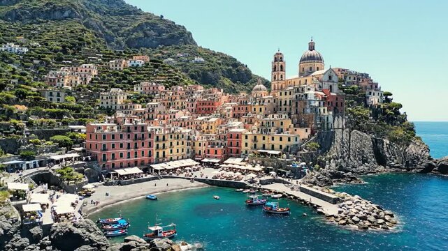 Aerial view of vernazza harbor in cinque terre, italy: coastal mediterranean village
