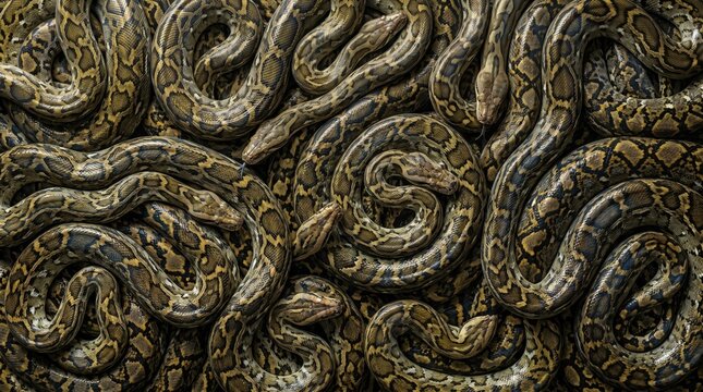 Group of intertwined reticulated pythons creating a dense pattern of scaly brown and yellow skin textures in a high angle overhead wildlife view