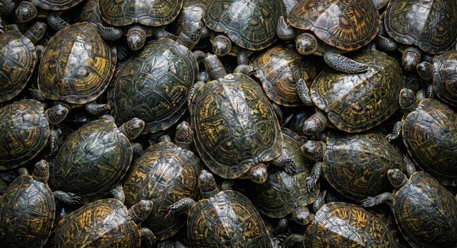 A dense cluster of many small turtles with dark patterned shells huddled tightly together in a high angle view showing diverse textures and natural wildlife patterns
