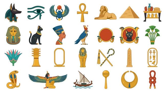 Collection of ancient egyptian symbols and hieroglyphs including pharaohs gods pyramids and ankhs representing egyptian culture and history
