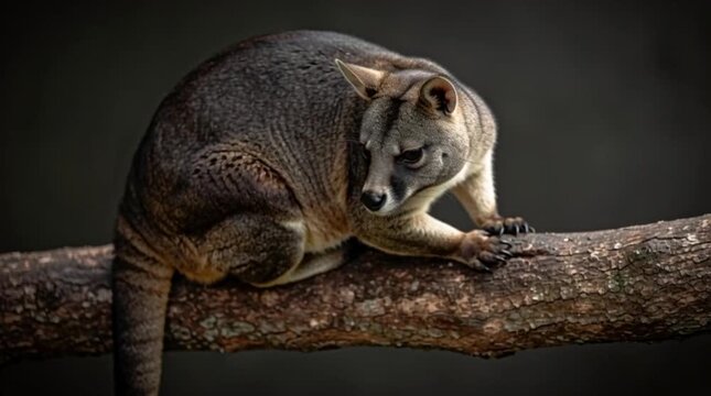 Tree kangaroo resting on branch, natural rainforest scene, relaxed pose, smooth background bokeh, 4K