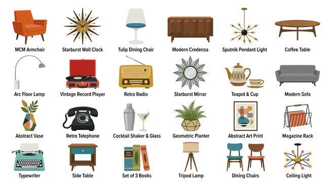 Mid century modern furniture and decor collection retro style home interior elements on white background