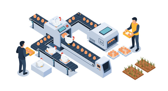Detailed isometric illustration of an industrial egg production facility with automated machinery conveyor belts and warehouse workers.