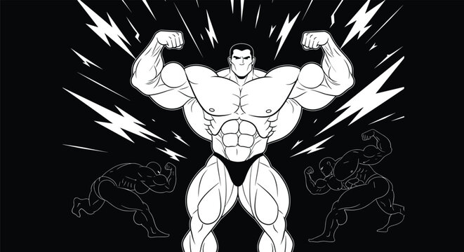 Black and white comic style illustration of a massive muscular bodybuilder flexing his biceps surrounded by intense lightning bolts.