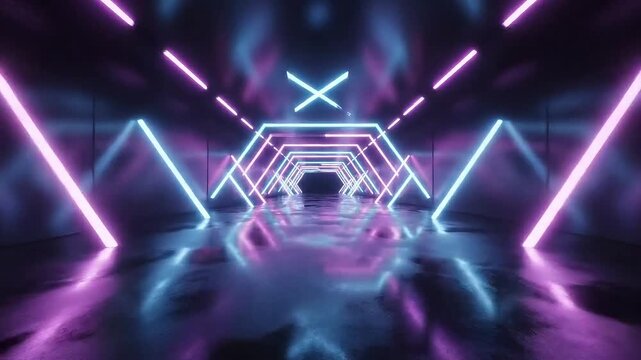 Geometric neon tunnel with glowing hexagonal lights and reflective floor creates a futuristic cyberspace environment.