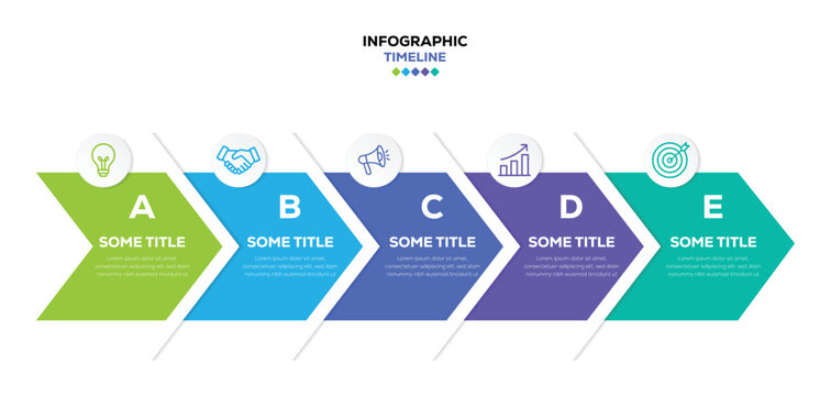 Business arrow infographic 5 steps with letters A to E and business icons. vector horizontal roadmap, workflow chart and colorful chevron arrows and letters. vector illustration.