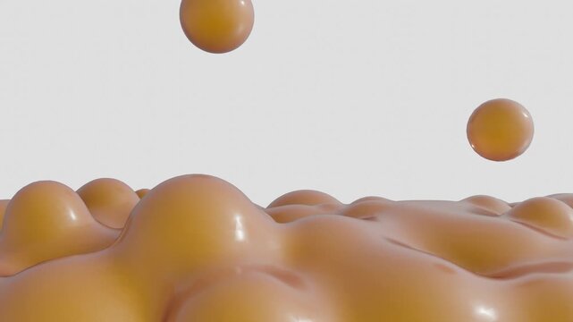 A 3d animation of golden-brown fat tissue layer swells upward little by little, forming expanding bulges that release small lipid vesicles floating slowly into the white void above.