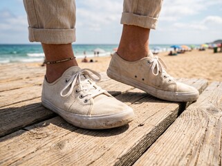 Naklejka premium Close-up of canvas casual shoes on a wooden boardwalk near the beach