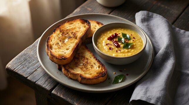 Authentic Sri Lankan Roast Paan Bread with Dhal Curry on Rustic Plate