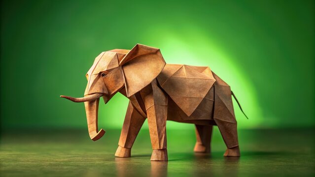 Brown origami elephant on green background