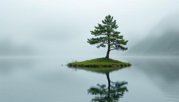 Solitary pine tree on a small island reflected in calm, misty lake waters.