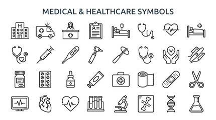 Medical line art symbols representing healthcare wellness hospital services and modern medical support icon collection © B