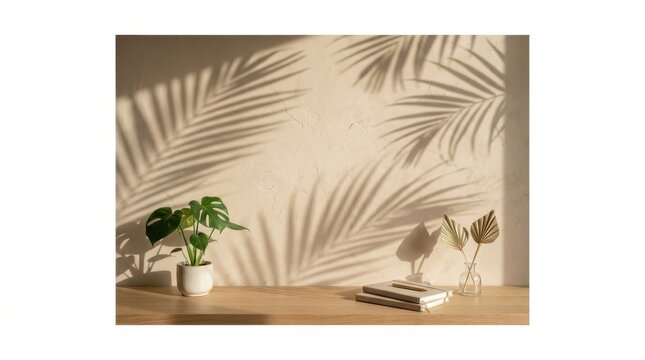 Palm shadows dance on a beige wall behind a potted plant and books on a wooden table