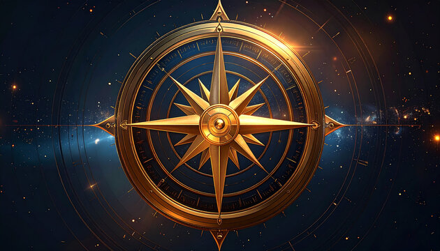 Golden compass rose with starry night sky background navigation symbol