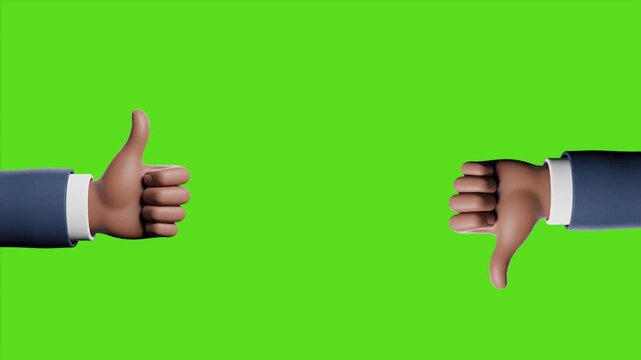 3D Rendered Cartoon Hands with Thumbs Up and Thumbs Down Gesture on Green Screen, Black, and White Backgrounds