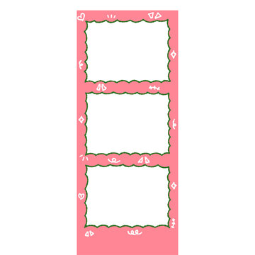 Charming pink template for three photos with playful green borders and whimsical doodle decorations, perfect for creating memorable digital scrapbooks and nostalgic photobooth memories