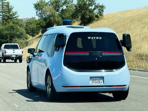 Waymo autonomous Zeekr electric robotaxi driving along California highway - California, USA - May 25, 2026