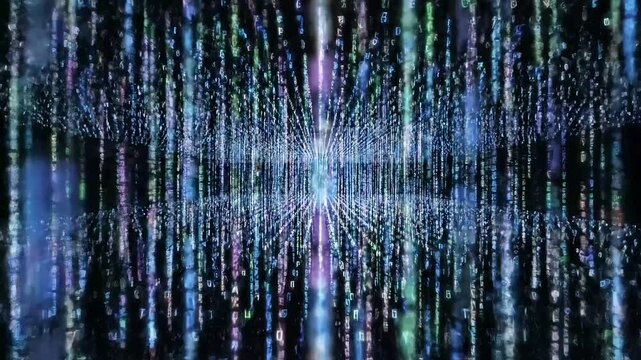 Abstract digital representation of flowing data streams in a futuristic, luminous matrix.