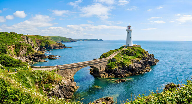 South Stack Lighthouse and Stone Bridge on the Rugged Coastline of Anglesey, Wales