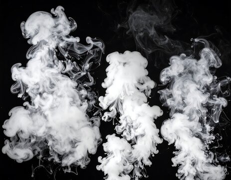Black background with swirling, billowing clouds of white smoke in vertical formations, creating an abstract, dynamic composition