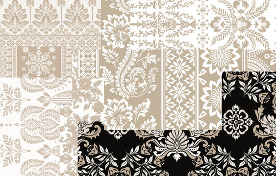Elegant ethnic floral patchwork pattern with traditional damask, paisley and geometric motifs on neutral beige and black background, seamless vector textile design