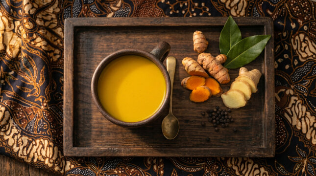 Turmeric golden milk in wooden mug on tray with ginger root and batik cloth, top view