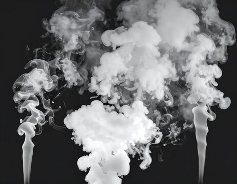 Black background with swirling gray smoke formations that emanate upwards from bottom. Different sizes and densities observed