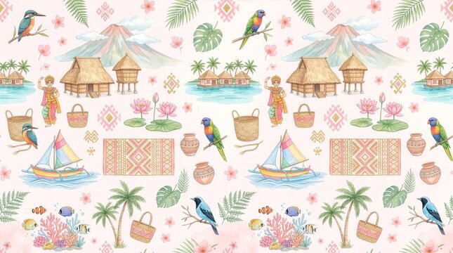 Cute Lombok Island Seamless Pattern Background with Traditional Culture and Tropical Nature